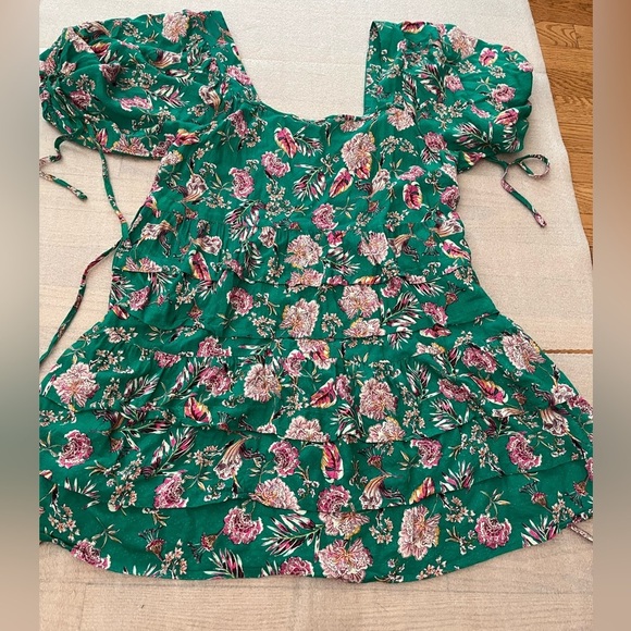 [L]Band Of Gypsie Collective Floral Green Women's Tiered Dress Squared Neck - Picture 2 of 7